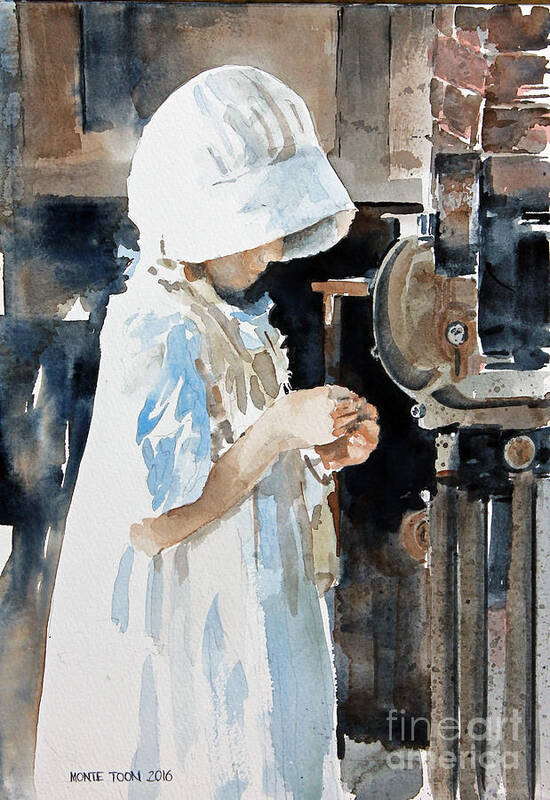 A Young Girl In An Apron And White Bonnet Examines Something She Has Found In A Blacksmith Shop In Calgary Poster featuring the painting Concentration by Monte Toon