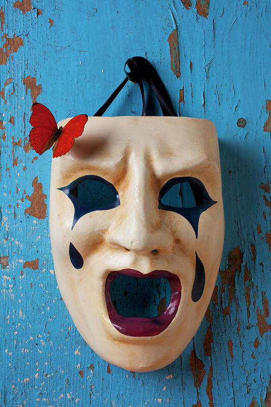 Crying Poster featuring the photograph Crying mask and red butterfly by Garry Gay