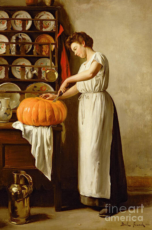 Interior; Female; Maid; Apron; Dresser; China; Copper Jug; Knife; Domestic; Food Preparation Poster featuring the painting Cutting the Pumpkin by Franck-Antoine Bail