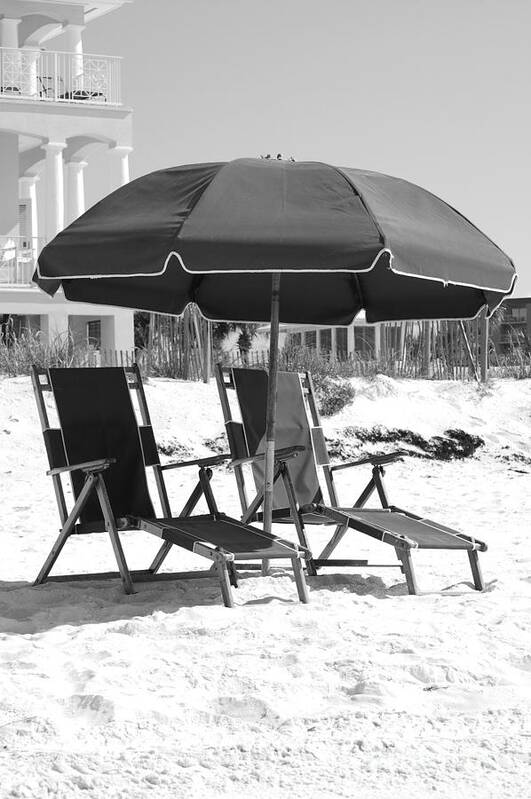 Destin Poster featuring the photograph Destin Florida Empty Beach Chair Pair and Green Umbrella Vertical Black and White by Shawn O'Brien