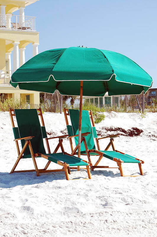 Destin Poster featuring the photograph Destin Florida Empty Beach Chair Pair and Green Umbrella Vertical by Shawn O'Brien