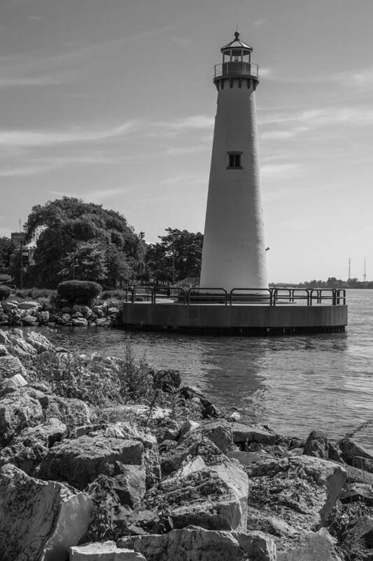 Detroit Riverfront Poster featuring the photograph Detroit Lighthouse in Black and White by John McGraw