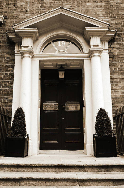 Travelpixpro Dublin Poster featuring the photograph Dublin Doors Georgian Style with Roman Columns Ireland Sepia by Shawn O'Brien