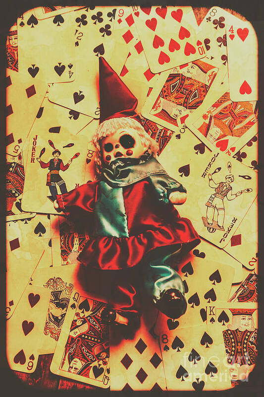 Doll Poster featuring the photograph Evil clown doll on playing cards by Jorgo Photography