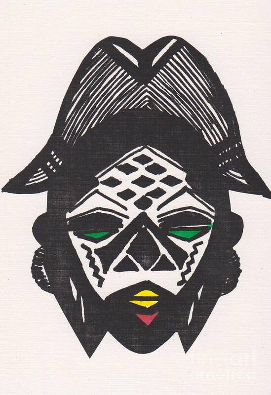 Mask Poster featuring the drawing Female Ancestral Mask of the Mpongue of the Congo by Mia Alexander