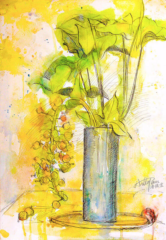 Fig Poster featuring the painting Fig Flower leaves- ArtToPan -still life watercolor color sketch by Artto Pan