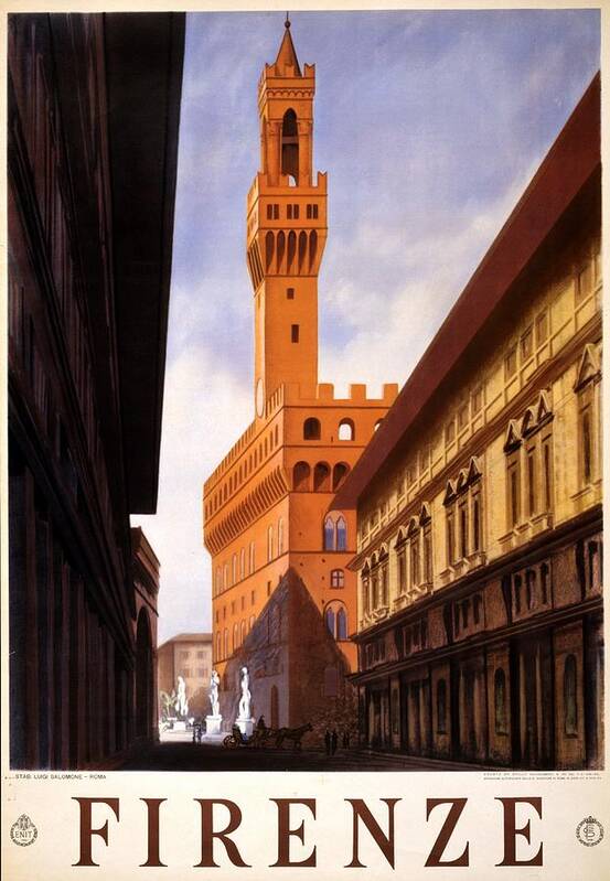 Firenze Poster featuring the mixed media Firenze, Italy - Palazzo Vecchio Tower - Retro travel Poster - Vintage Poster by Studio Grafiikka