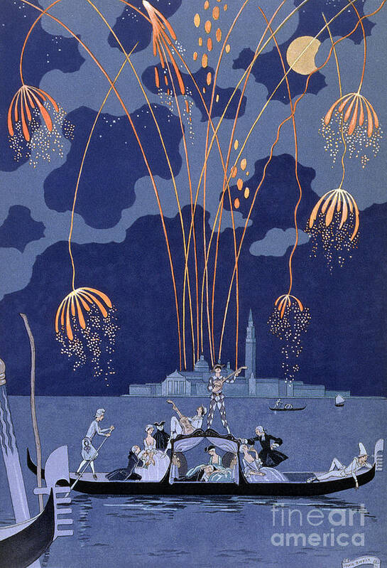 Art Deco; Stencil Poster featuring the painting Fireworks in Venice by Georges Barbier