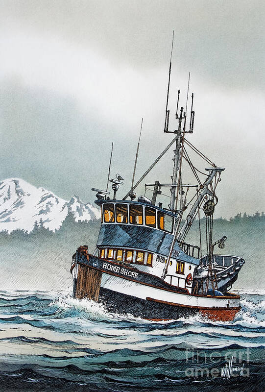 Fishing Poster featuring the painting Fishing Vessel Home Shore by James Williamson