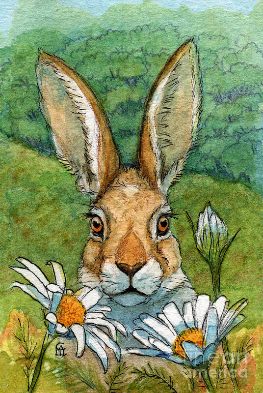 Animal Poster featuring the painting Funny bunnies - with Chamomiles 889 by Svetlana Ledneva-Schukina