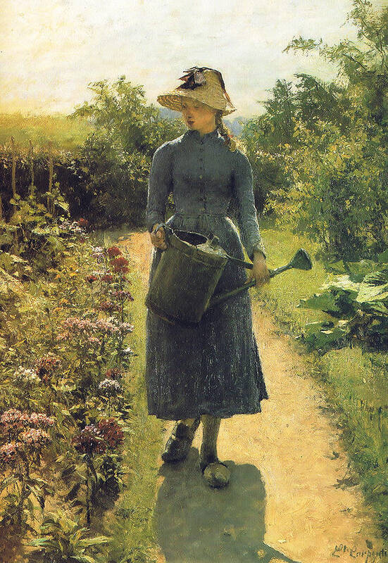 19th Century Art Poster featuring the painting Girl with Watering Can by Evariste Carpentier