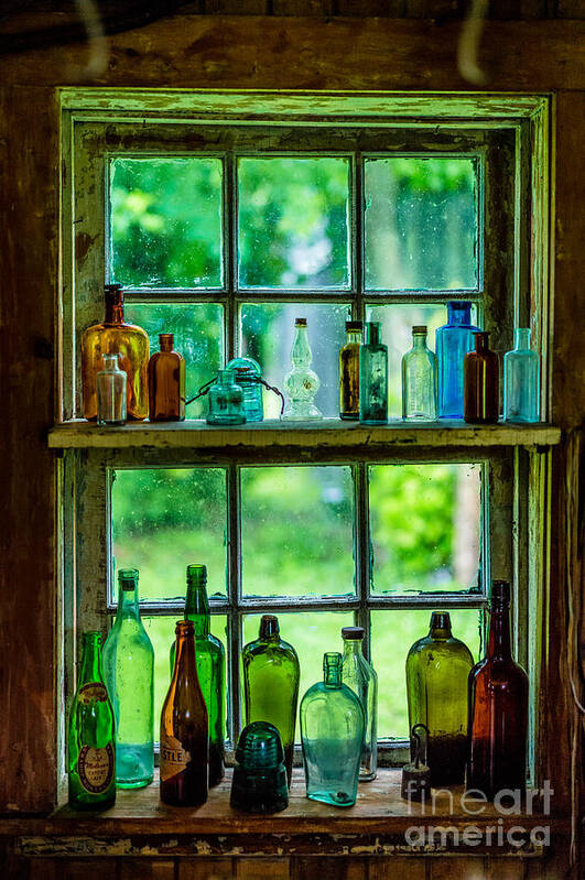 Glass Bottles In Window Poster featuring the photograph Glass Bottles in a Window by M G Whittingham