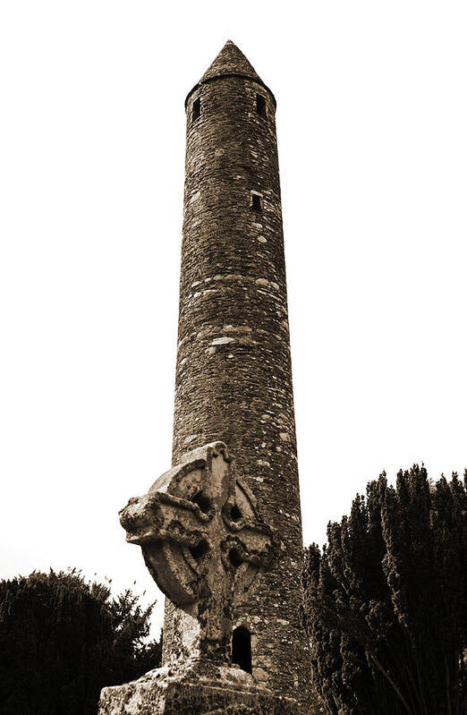 Glendalough Poster featuring the photograph Glendalough Irish Round Tower Behind Celtic Cross County Wicklow Ireland Sepia by Shawn O'Brien