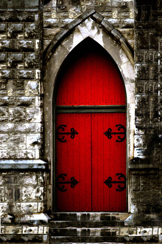 Gothic Red Door Poster featuring the photograph Gothic Red Door Memphis Church by Lesa Fine
