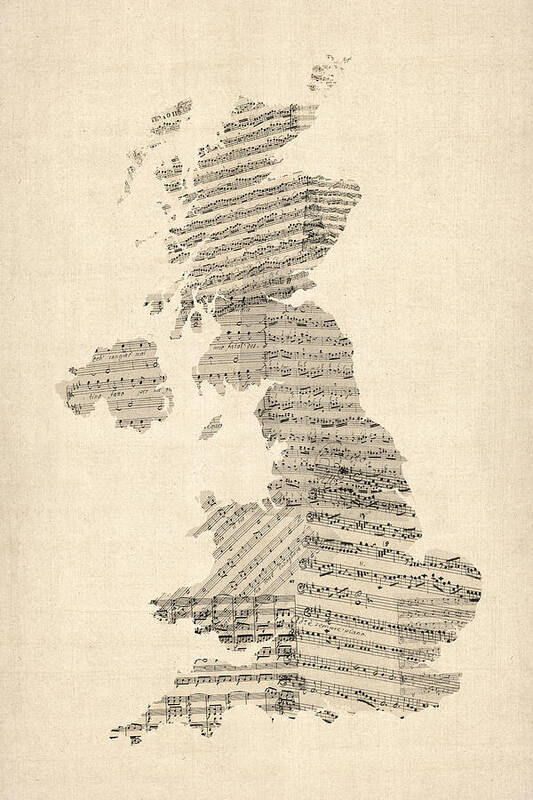 United Kingdom Map Poster featuring the digital art Great Britain UK Old Sheet Music Map by Michael Tompsett