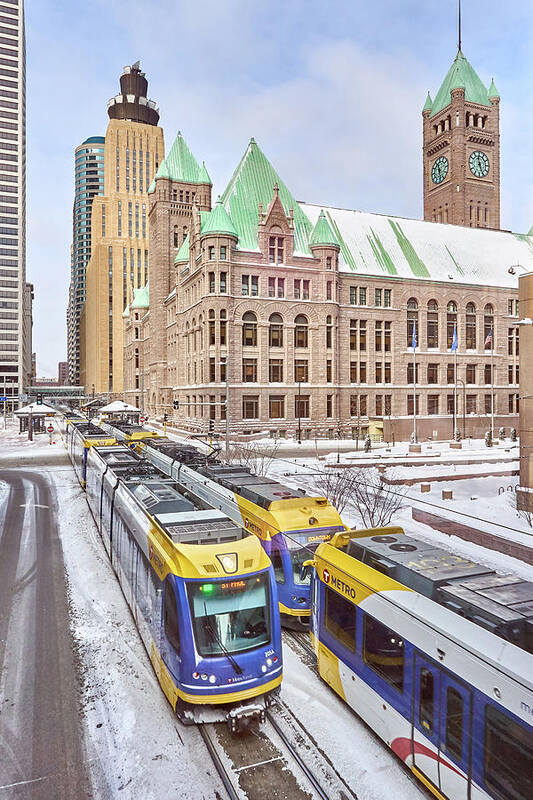 City Hall Poster featuring the photograph Green Line train leaves Minneapolis City Hall by Jim Hughes