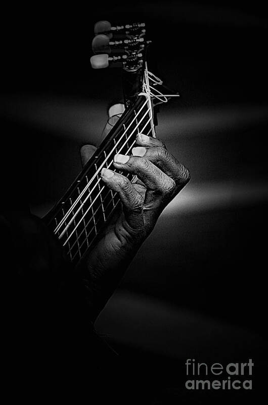 Guitar Poster featuring the photograph Hand of a guitarist in monochrome by Sheila Smart Fine Art Photography