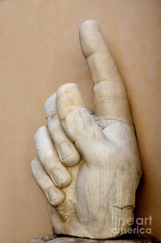 Works Poster featuring the photograph Hand with pointing index finger. statue of Constantine. Palazzo dei Conservatori. Capitoline Museums by Bernard Jaubert