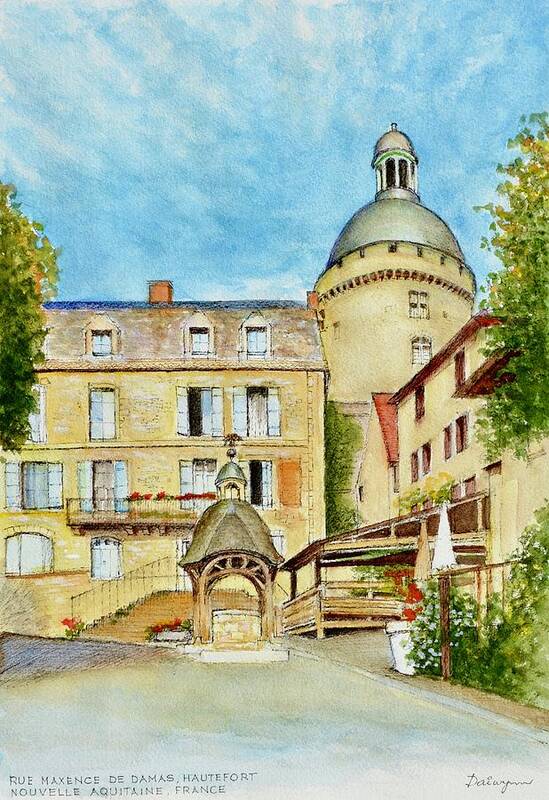 Village Poster featuring the painting Hautefort chateau and village well by Dai Wynn