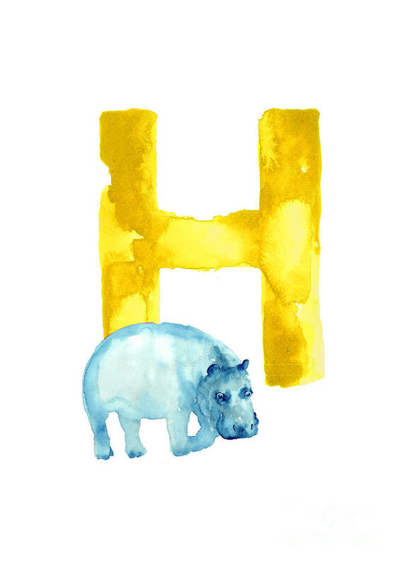 Blue Poster featuring the painting Hippo watercolor alphabet drawing by Joanna Szmerdt