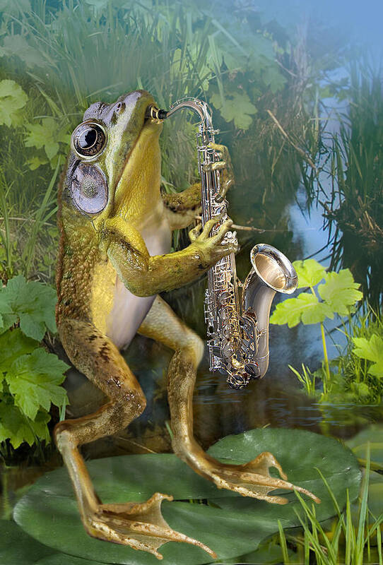 Animal Picture Poster featuring the painting Humorous Frog Plying Saxophone by Regina Femrite