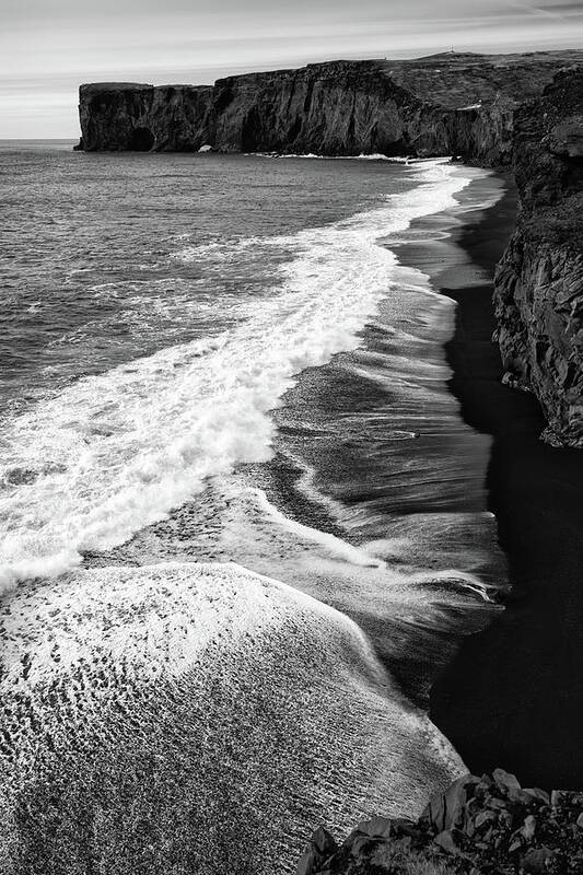 Dyrholaey Poster featuring the photograph Iceland coast Dyrholaey black and white by Matthias Hauser