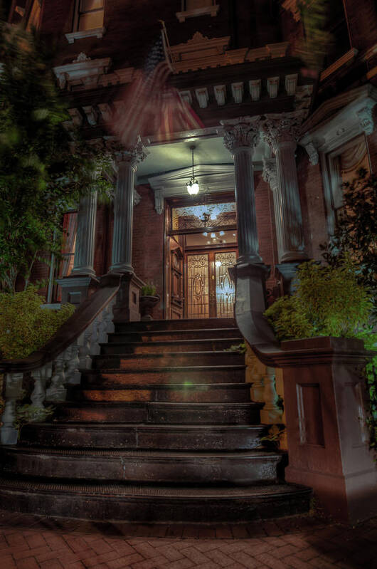 #kehoehouse #kehoe #architecture #building #haunted #stairs #night #savannah #georgia Poster featuring the photograph Kehoe House by Daryl Clark