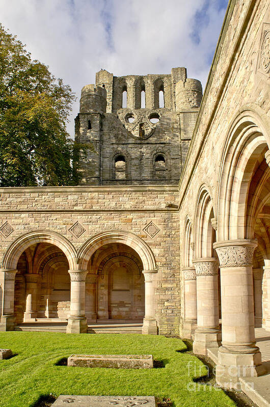 Abbey Poster featuring the photograph Kelso Abbey ruins and Roxburghe Aisle memorial cloister. by Elena Perelman