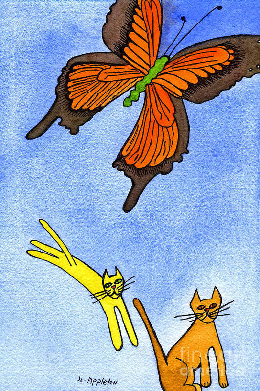 Cats Poster featuring the painting Kitties Chasing Butterfly by Norma Appleton