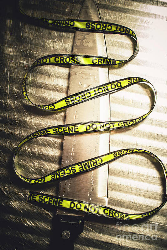 Forensic Poster featuring the photograph Knife with Crime Scene Ribbon on Metal Surface by Jorgo Photography