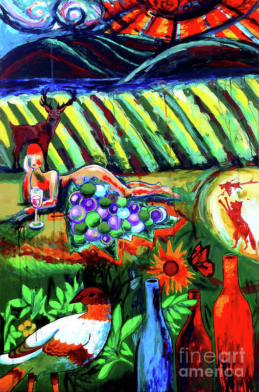 Wine Poster featuring the painting Lady And The Grapes by Genevieve Esson