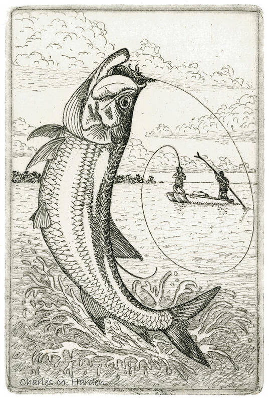 Charles Harden Poster featuring the drawing Leaping Tarpon by Charles Harden