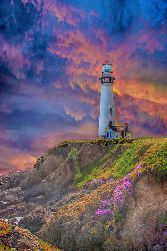 Landscape Water Lighthouse Sky Sunset Ocean Coast Scenic Pescadero Poster featuring the photograph Lighthouse at Pigeon Point by Patricia Dennis