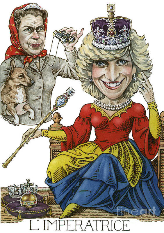 Royal Caricature/ Portrait. Princess Diana.caricature Artwork. Humorous Artwork. Queen Elizabeth.  Poster featuring the painting L'Imperatrice by Debbie Diamond