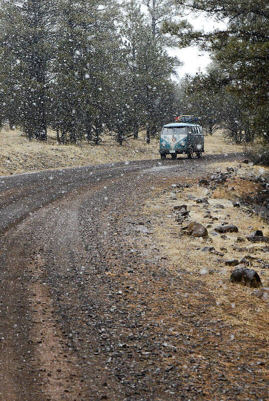Bus Poster featuring the photograph Lone Bus On a Snowy Wooded Road by Richard Kimbrough