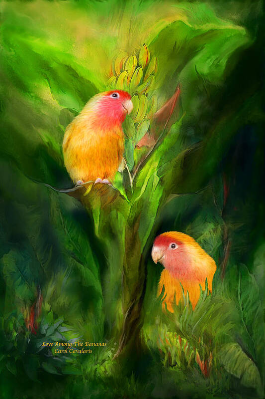Lovebird Poster featuring the mixed media Love Among The Bananas by Carol Cavalaris
