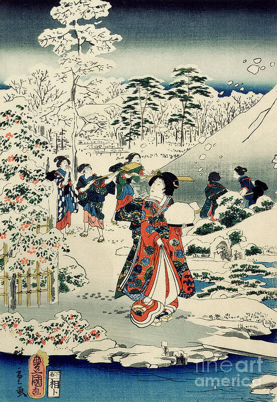Maids In A Snow-covered Garden Poster featuring the painting Maids in a snow covered garden by Hiroshige
