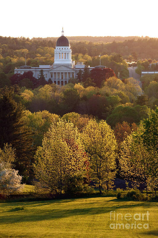 Maine Poster featuring the photograph Maine State Capitol at Sunset by Olivier Le Queinec