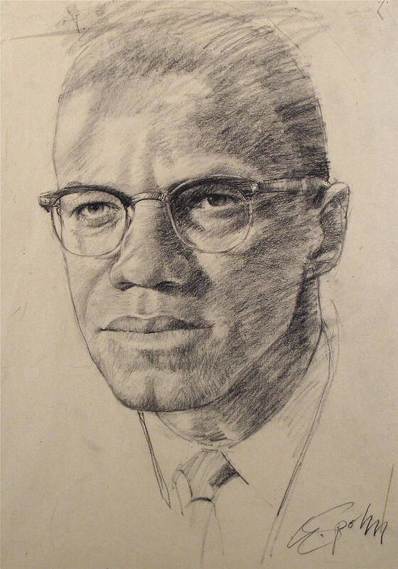 Portrait Poster featuring the drawing Malcolm X by Cliff Spohn