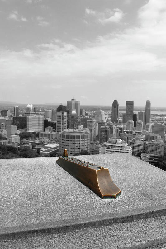 Montreal Poster featuring the photograph Montreal Cityscape BW with color by Samantha Delory