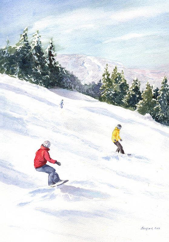 Snowboarding Poster featuring the painting Morning on the Mountain by Vikki Bouffard