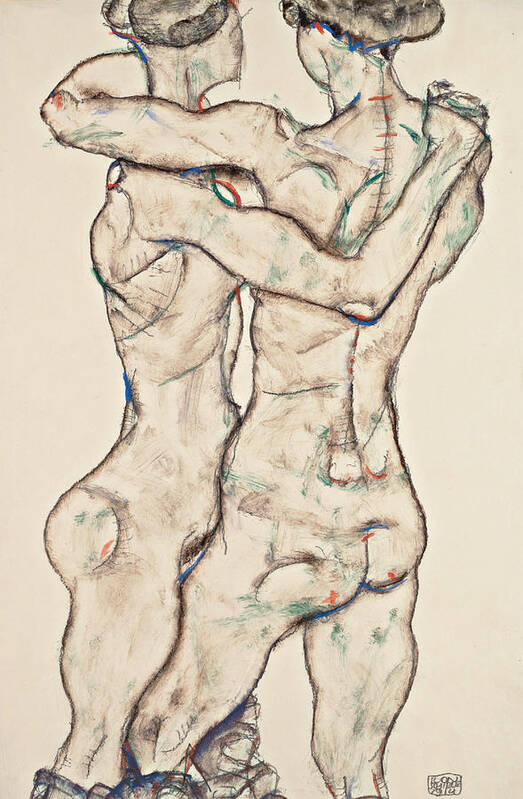 Egon Schiele Poster featuring the drawing Naked Girls Embracing by Egon Schiele