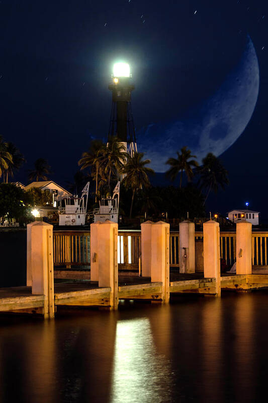 New Moon Poster featuring the photograph New Moon At Hillsboro Inlet Lighthouse by Wolfgang Stocker