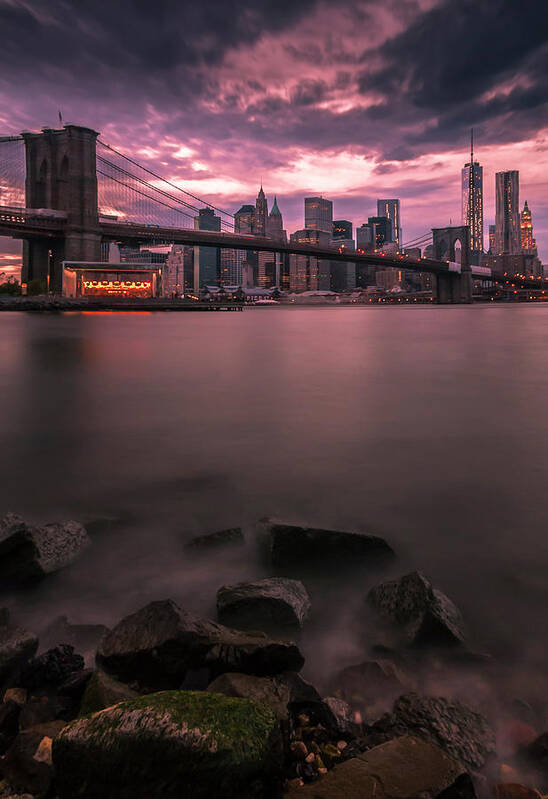 New York City Poster featuring the photograph New York City Brooklyn Bridge Sunset by Ranjay Mitra