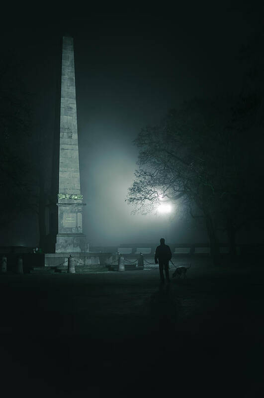 Jenny Rainbow Fine Art Photography Poster featuring the photograph Obelisk. Misty Nights in Brno by Jenny Rainbow