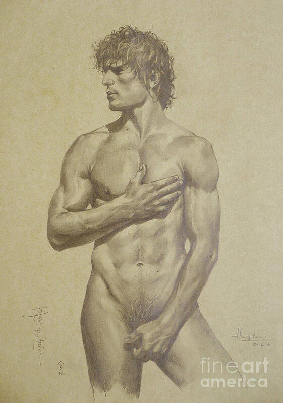 Drawing Poster featuring the drawing Original Artwork Drawing Sketch Male Nude Man On Brown Paper#16-6-16-03 by Hongtao Huang