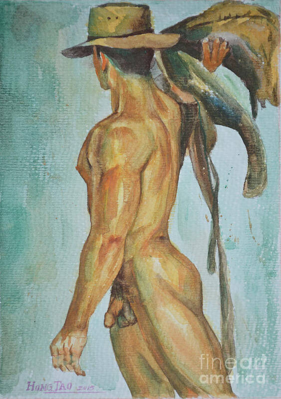 Original Art Poster featuring the painting Original Watercolor Painting Man Body Art Male Nude Cowboy On Paper -065 by Hongtao Huang