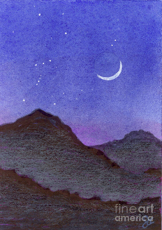Watercolor Poster featuring the painting Orion and Crescent Moon Mountains by Jackie Irwin