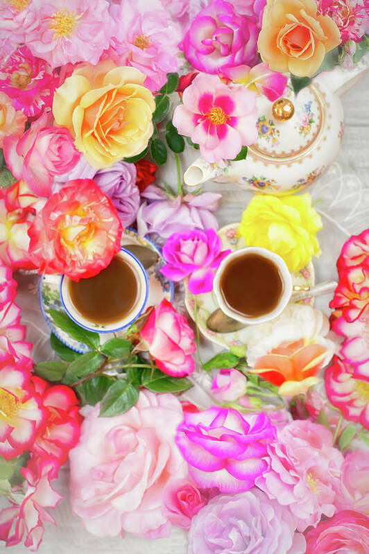 Painterly Poster featuring the photograph Painterly Tea Party with Fresh Garden Roses II by Susan Gary