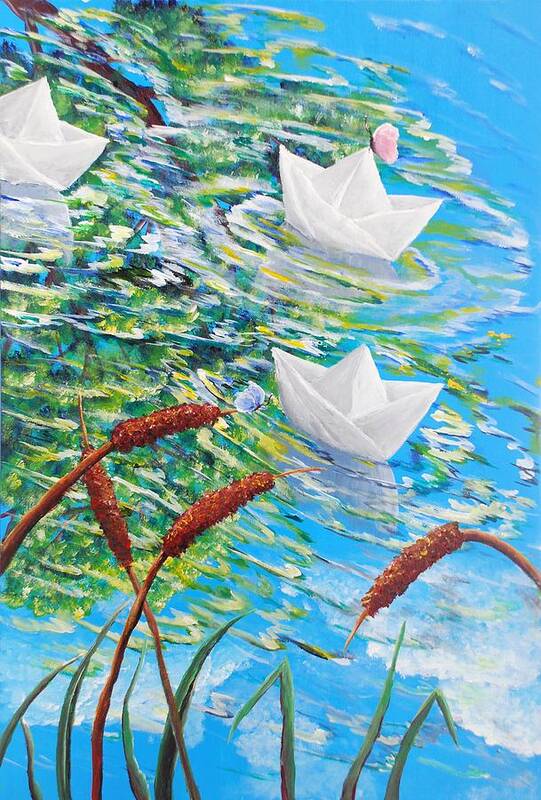 Boats Paper Game Blue Lake Pond Sunny Bamboos Landscape Colorful Butterflies Grass Poster featuring the painting Paper Boats by Medea Ioseliani